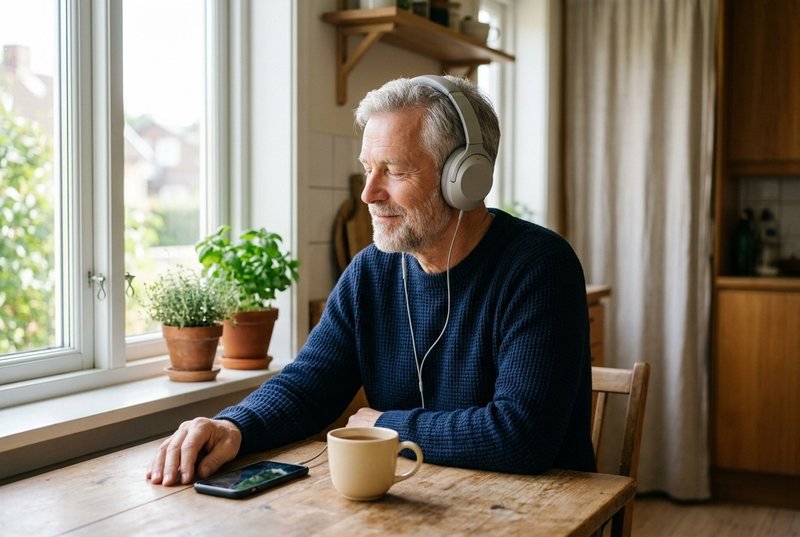 A man in his sixties at a bright window, eyes closed, listening on headphones, his phone on the table