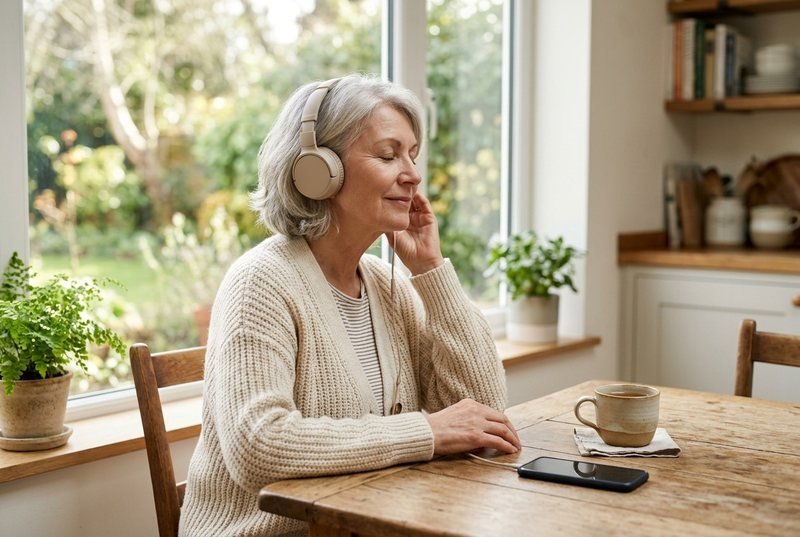 A woman in her sixties at a bright window, eyes closed, listening on headphones, her phone on the table