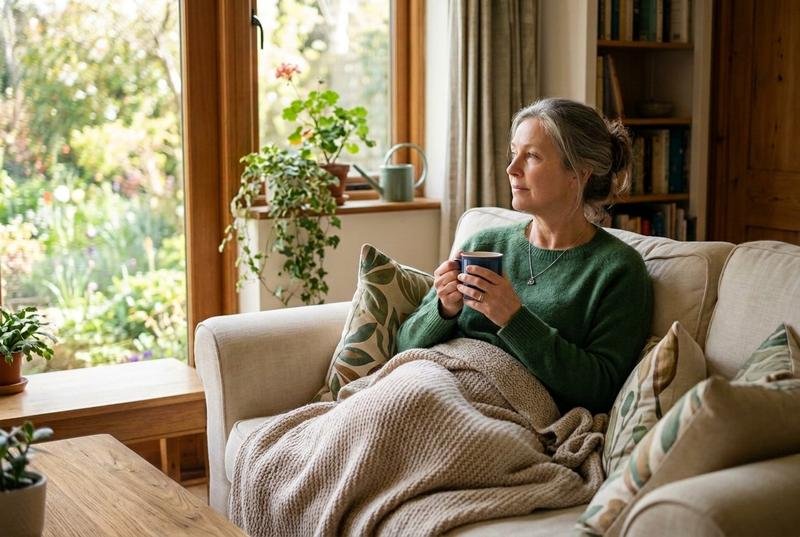 A woman resting on a sofa with a mug of tea, taking the morning slowly