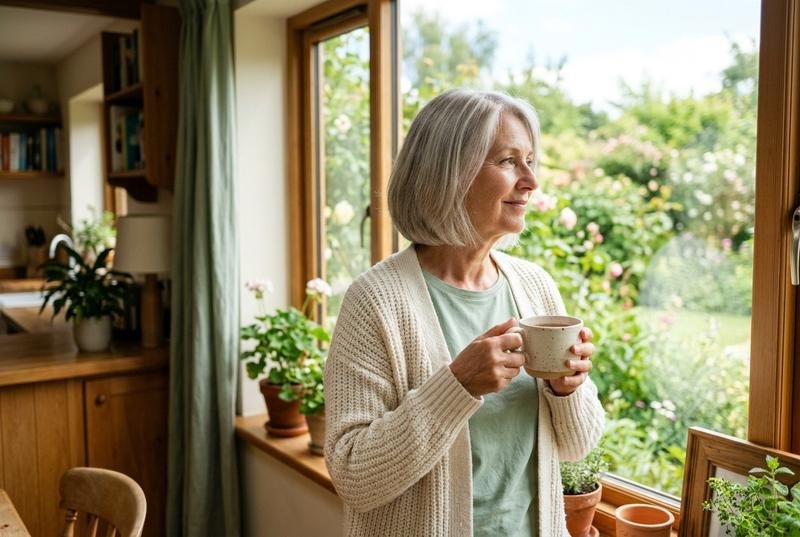 A woman with silver hair holding a warm mug at a bright window