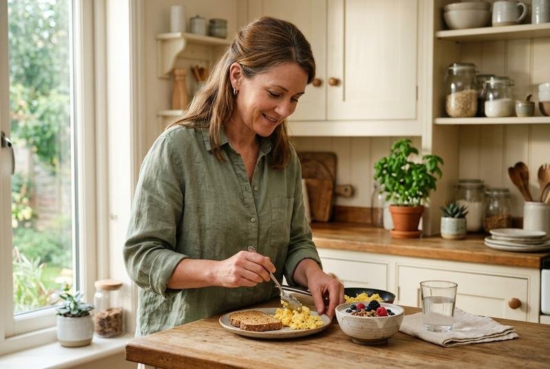 A woman plating a balanced breakfast at a bright kitchen counter