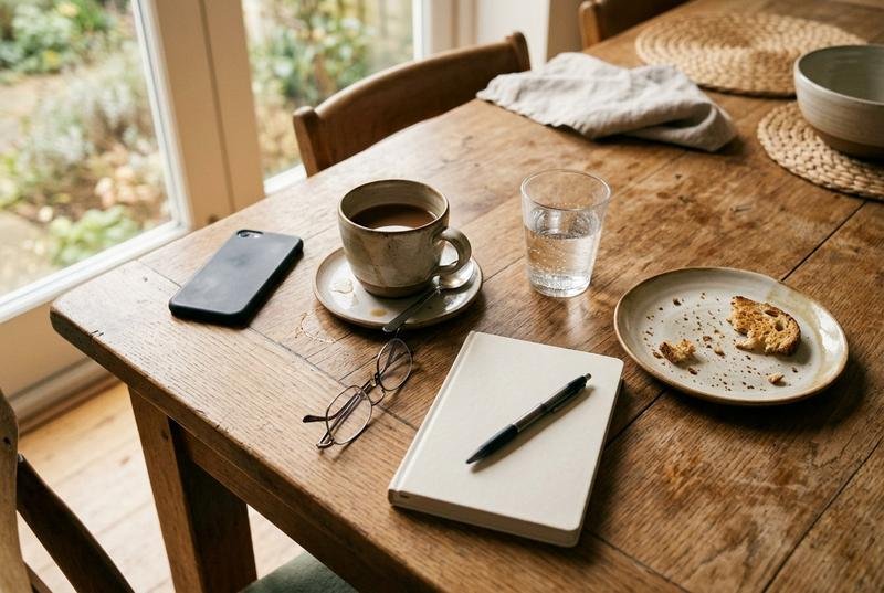 A kitchen table in the morning with a coffee cup, a glass of water, a phone, glasses and a notebook